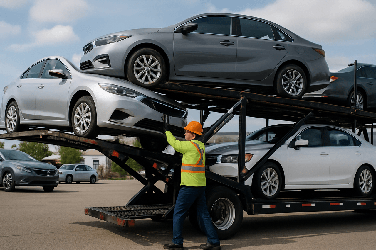 Professional car shipping carrier loading vehicles