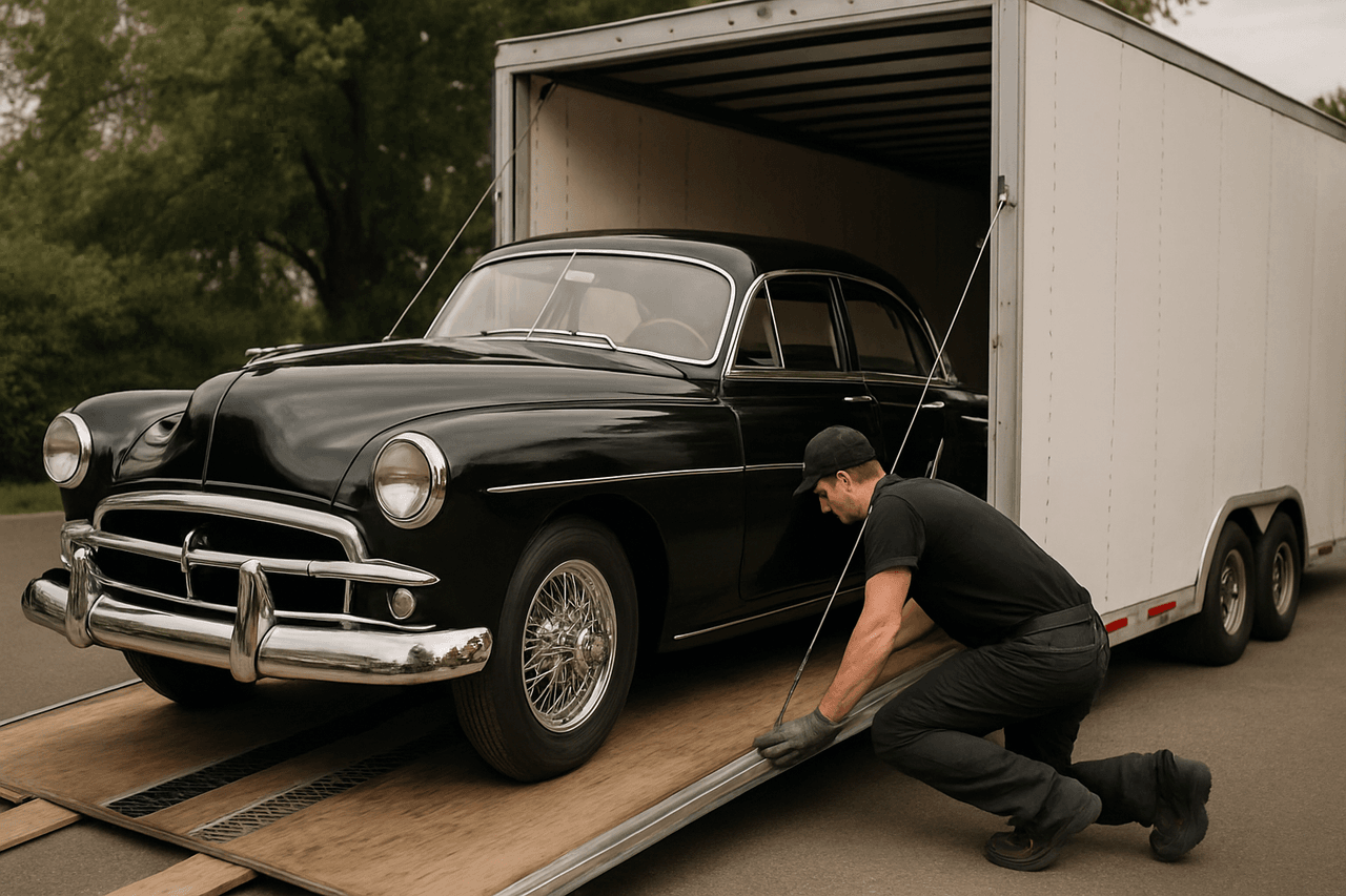 Classic vintage car loaded on enclosed transporter