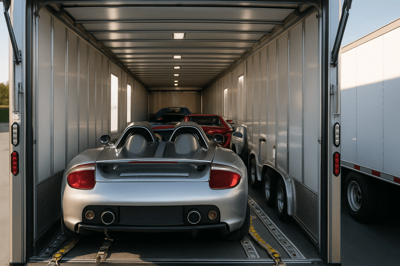 Enclosed auto transport trailer protecting luxury vehicles