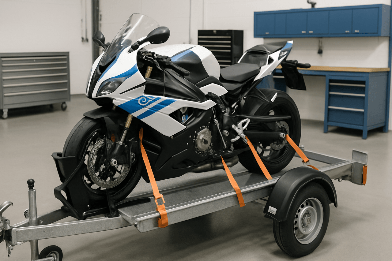 Motorcycle being secured for professional transport