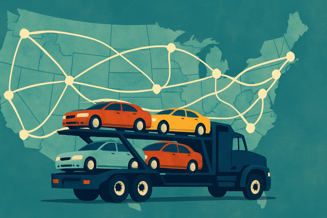 Map showing popular car shipping routes across the United States