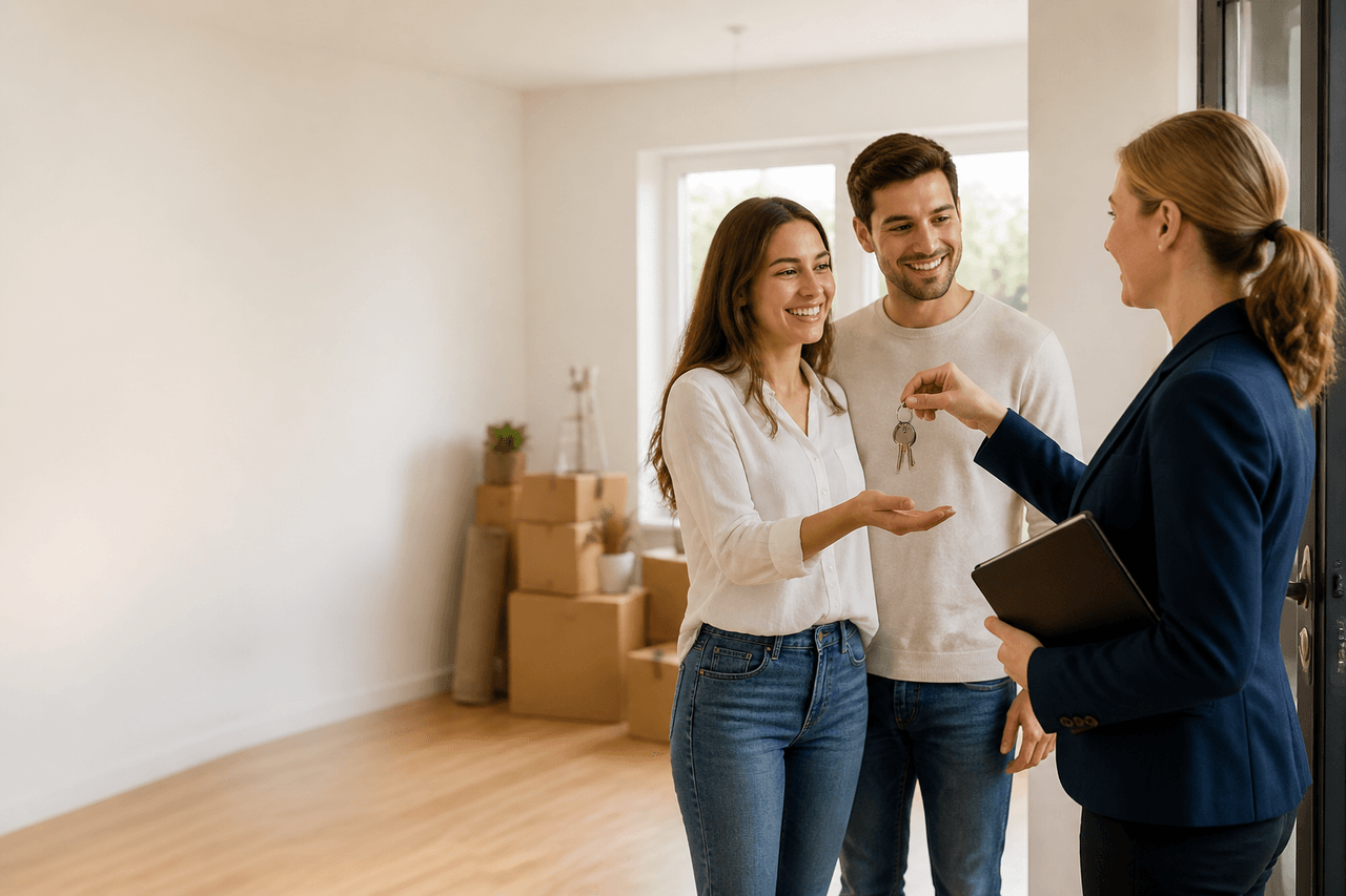 Real estate agent handing house keys to a couple moving into their new home