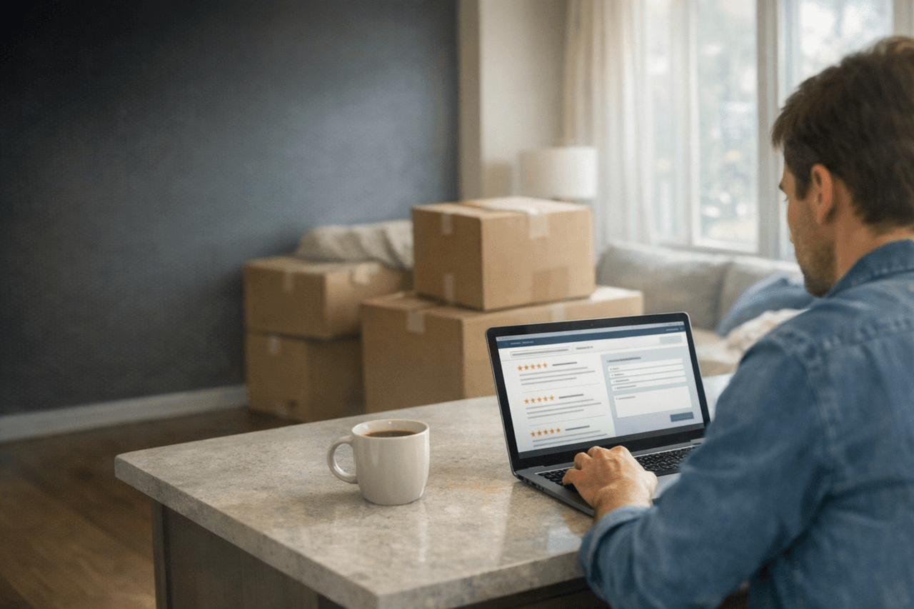 Person researching mover complaints and reviews on a laptop at home