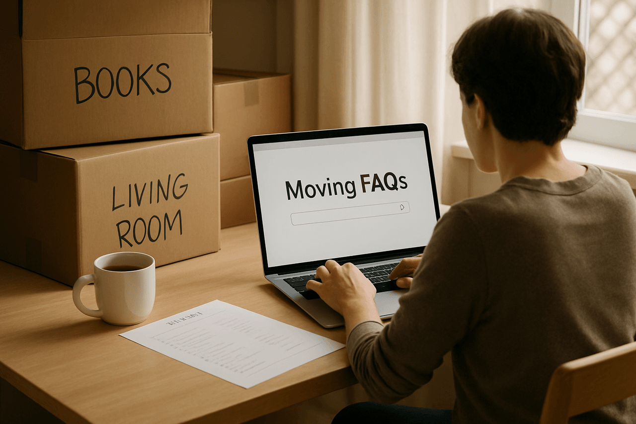 Person researching moving questions online with packed boxes and moving checklist nearby