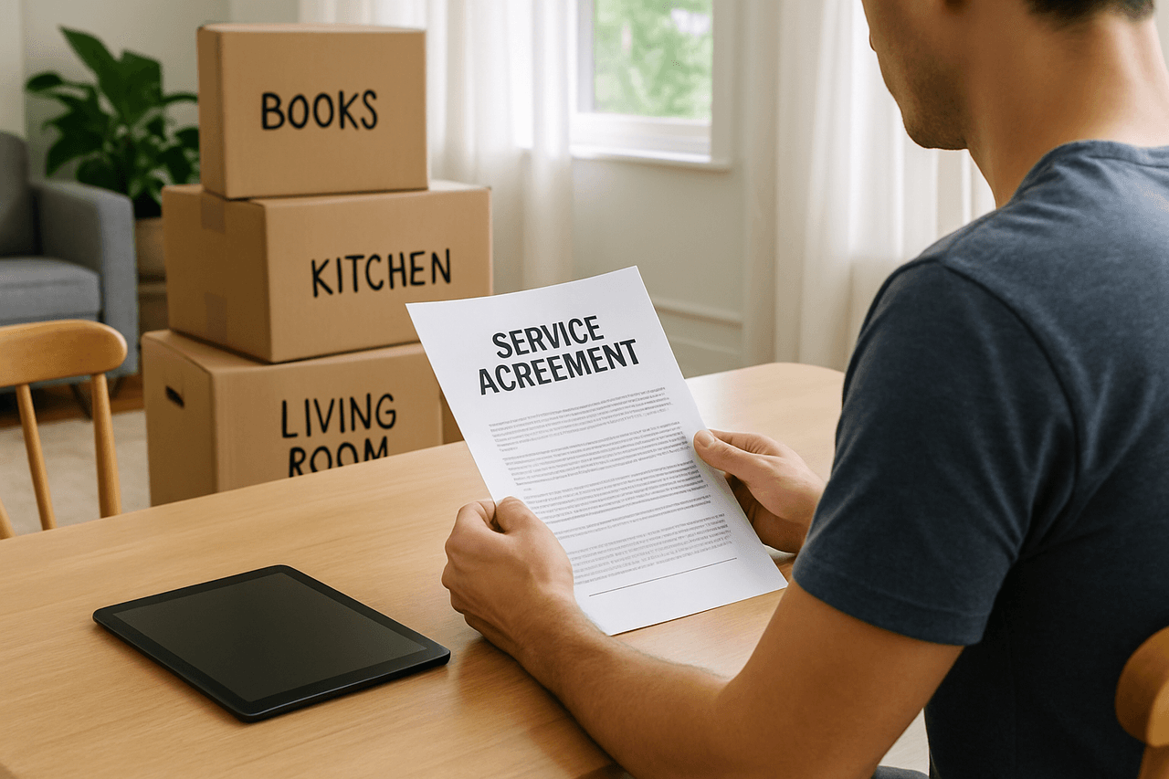Professional reviewing terms of use documents before a household move