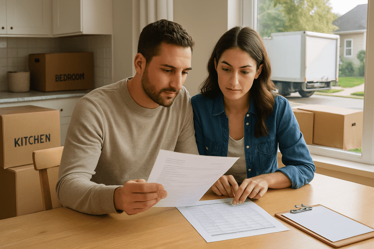Couple reviewing moving cost estimates with packed boxes and a moving truck