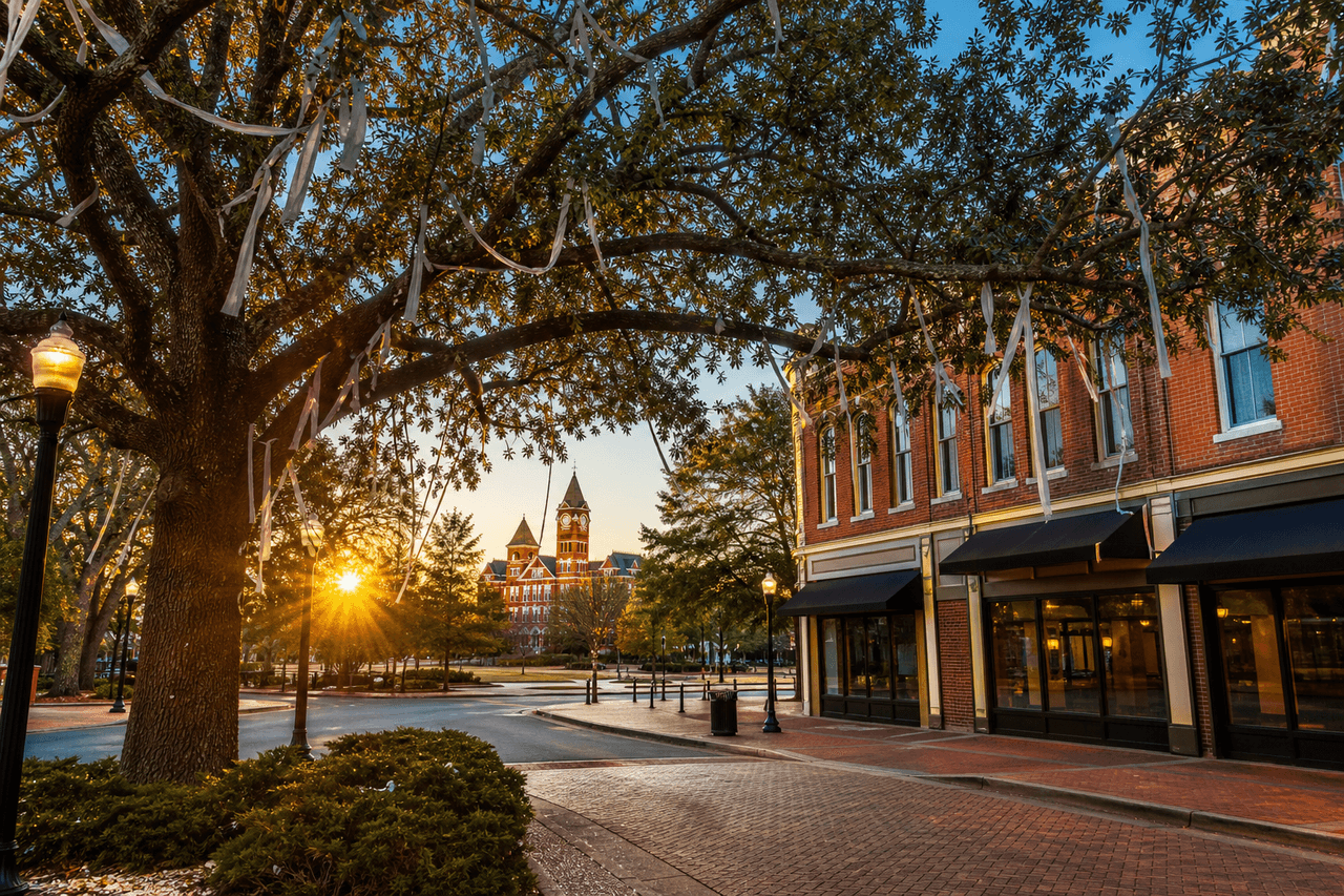 Auburn Alabama college town with Toomer's Corner and campus area — best movers in Auburn