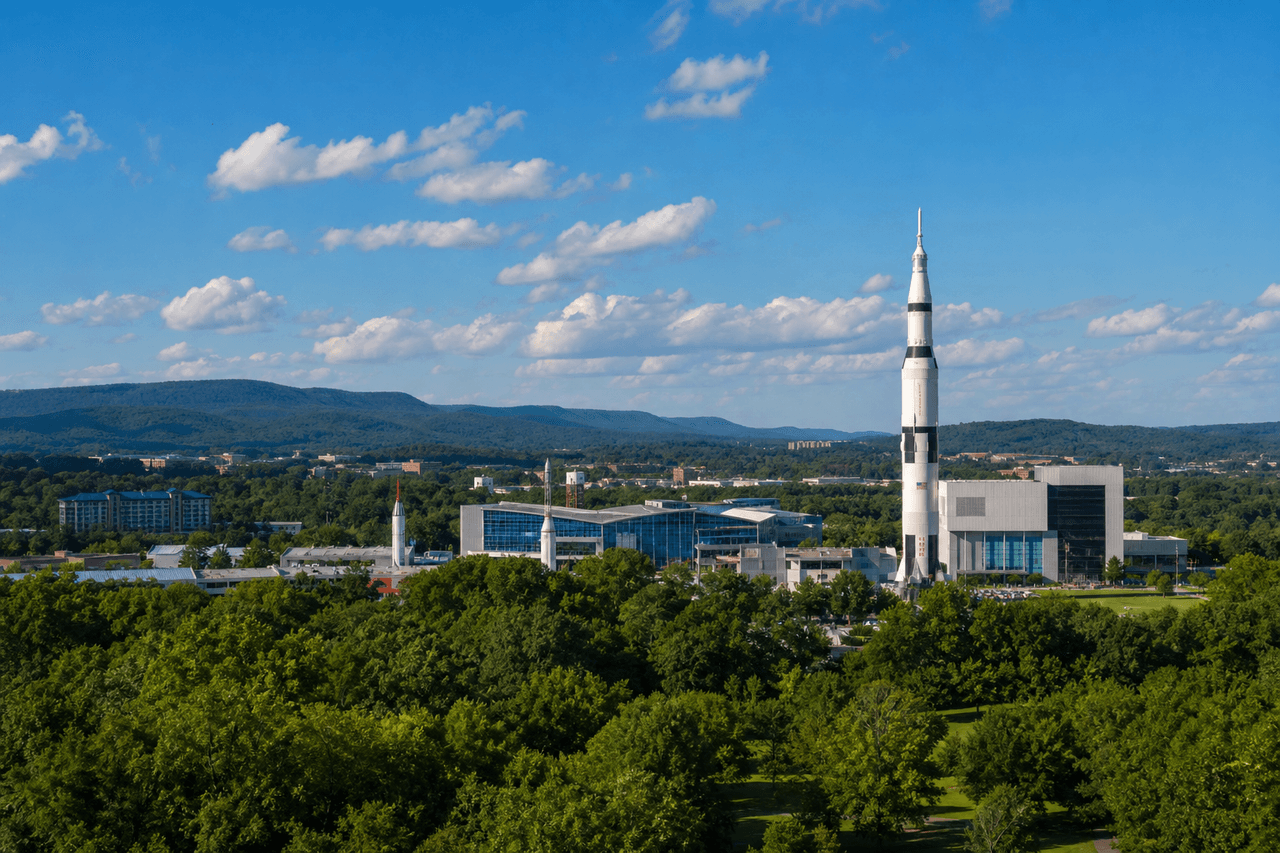 Five Points Huntsville Alabama — Huntsville Alabama with the US Space and Rocket Center and Saturn V — best movers in Huntsville