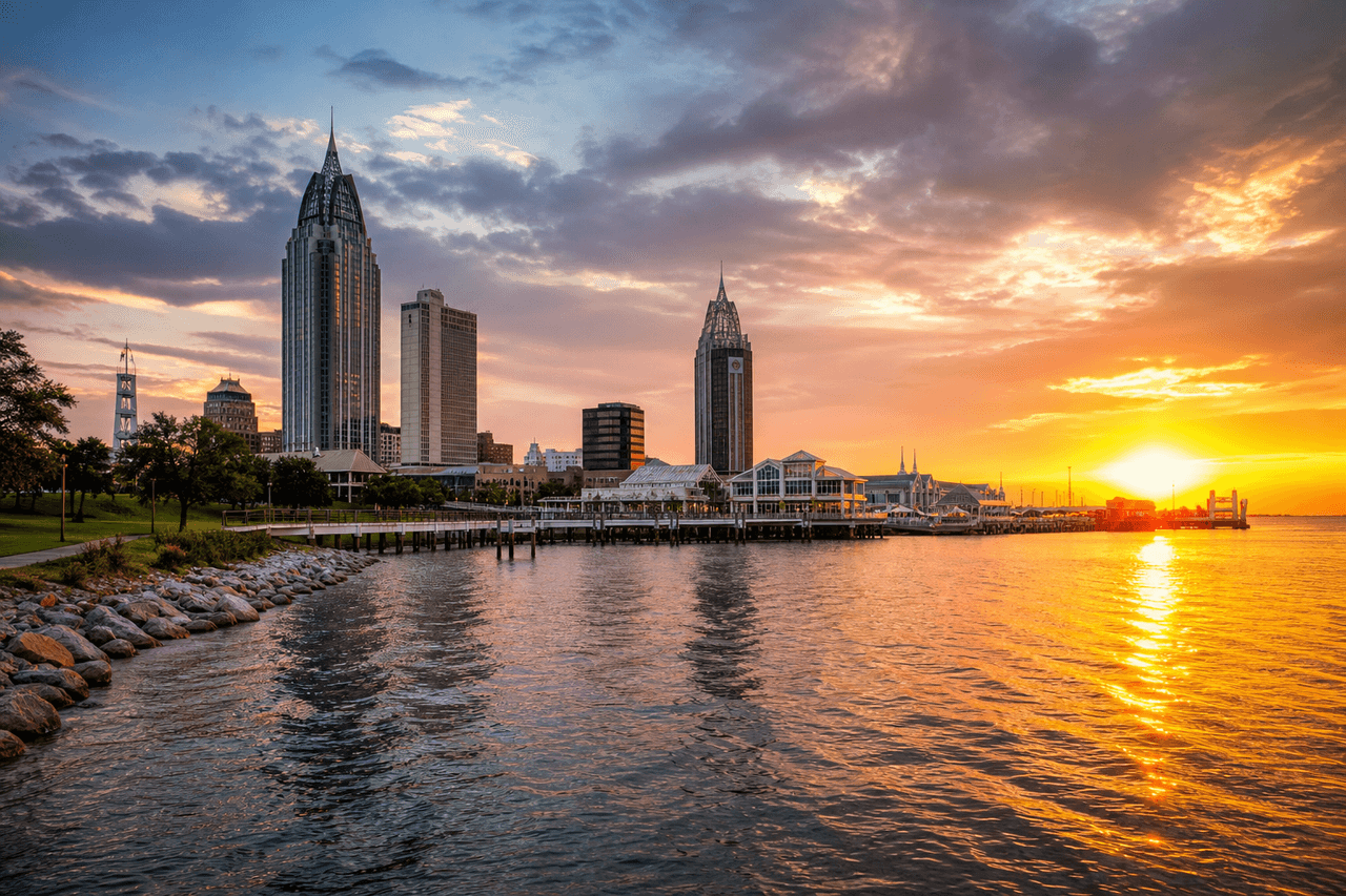 Daphne Mobile Alabama — Mobile Alabama waterfront on Mobile Bay with downtown skyline — best movers in Mobile