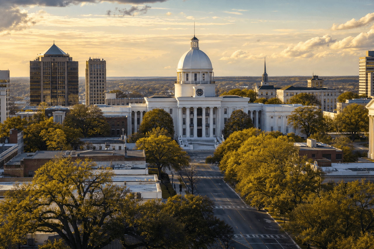 Montgomery Alabama with the State Capitol and downtown skyline — best movers in Montgomery