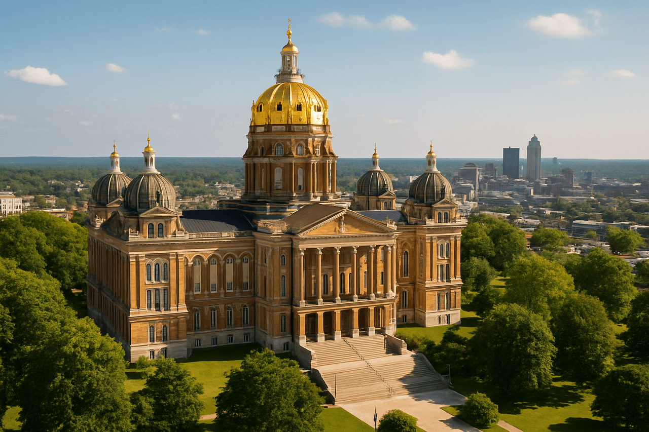 Des Moines skyline with the Iowa State Capitol building