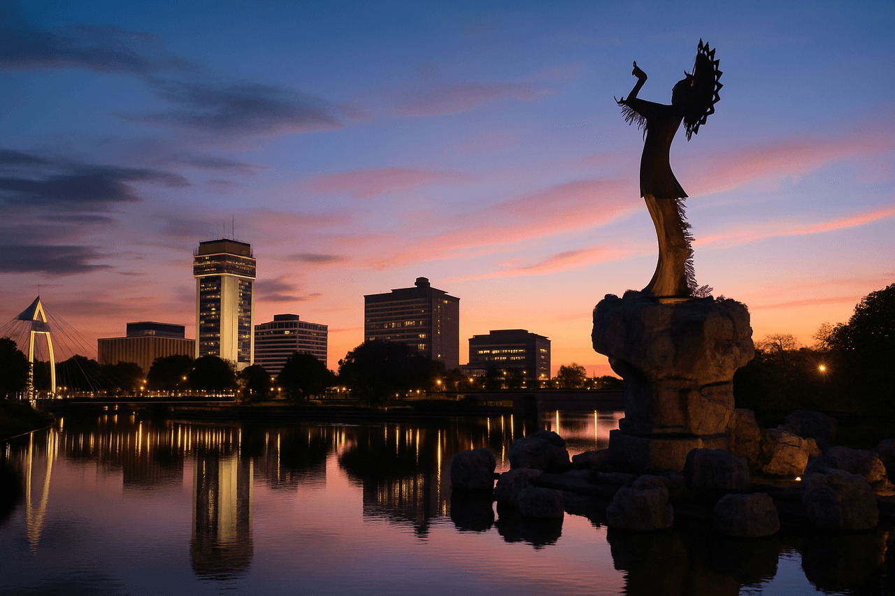 Wichita skyline with Keeper of the Plains statue