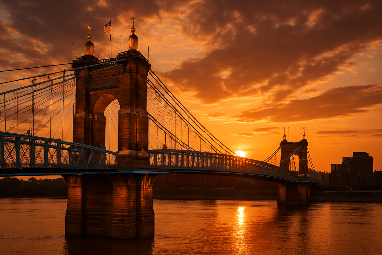 Covington, KY with the Roebling Suspension Bridge