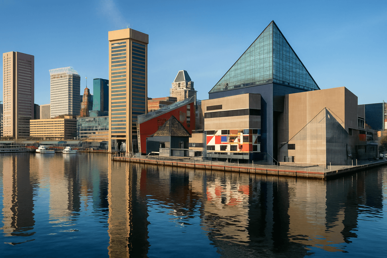 Fells Point Baltimore Maryland — Baltimore Inner Harbor with the National Aquarium and skyline