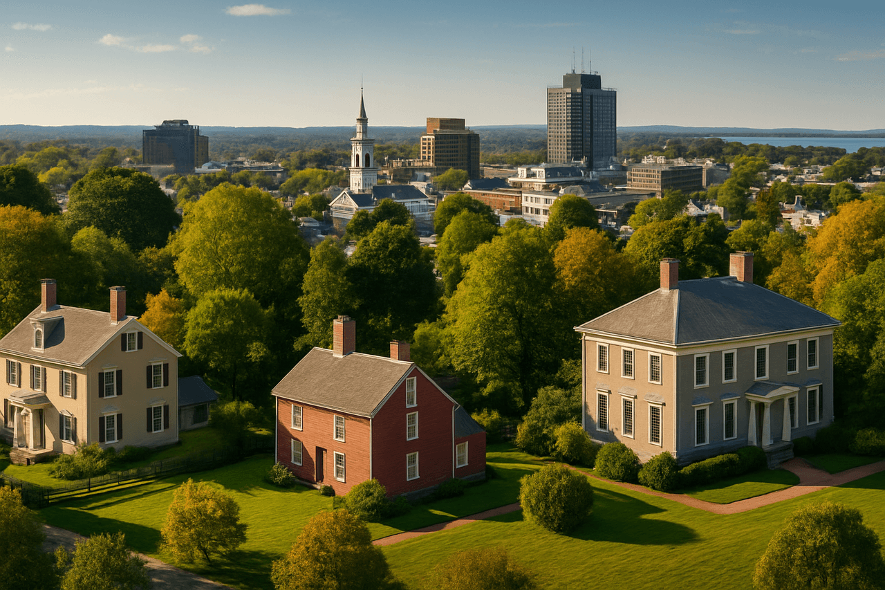 Merrymount Quincy Massachusetts — Quincy skyline with Adams National Historical Park