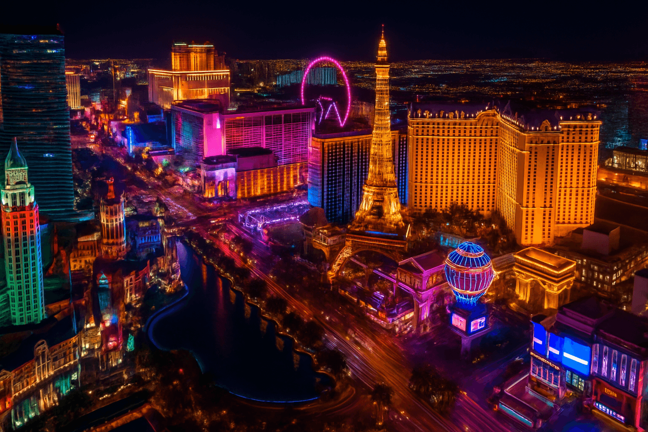 Las Vegas Strip at night with iconic hotels and vibrant lights