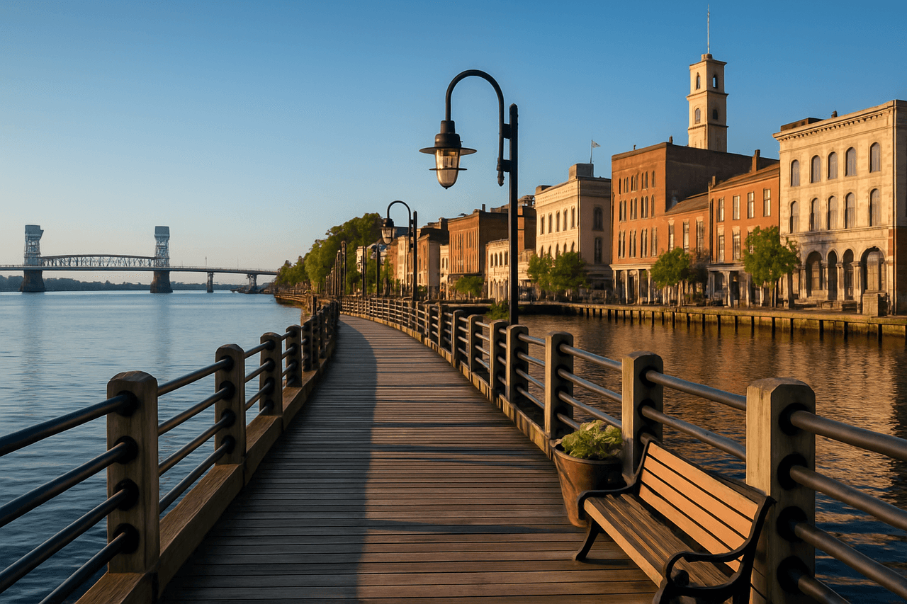 Picturesque Wilmington Riverwalk along the Cape Fear River