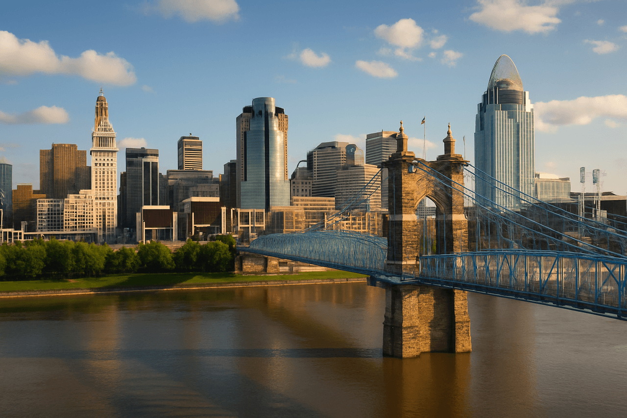 Cincinnati, Ohio with the John A. Roebling Suspension Bridge and downtown skyline
