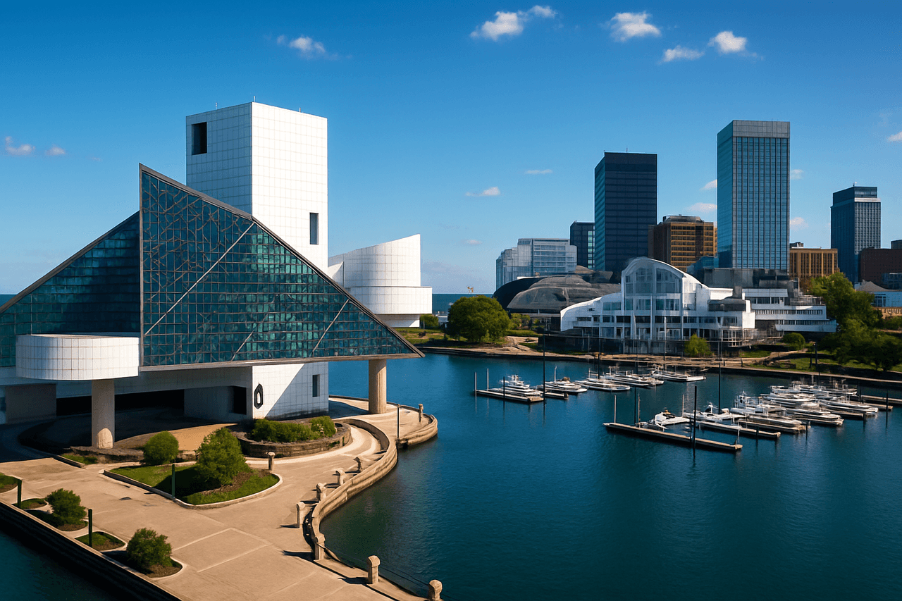 Cleveland, Ohio with the Rock and Roll Hall of Fame and Lake Erie