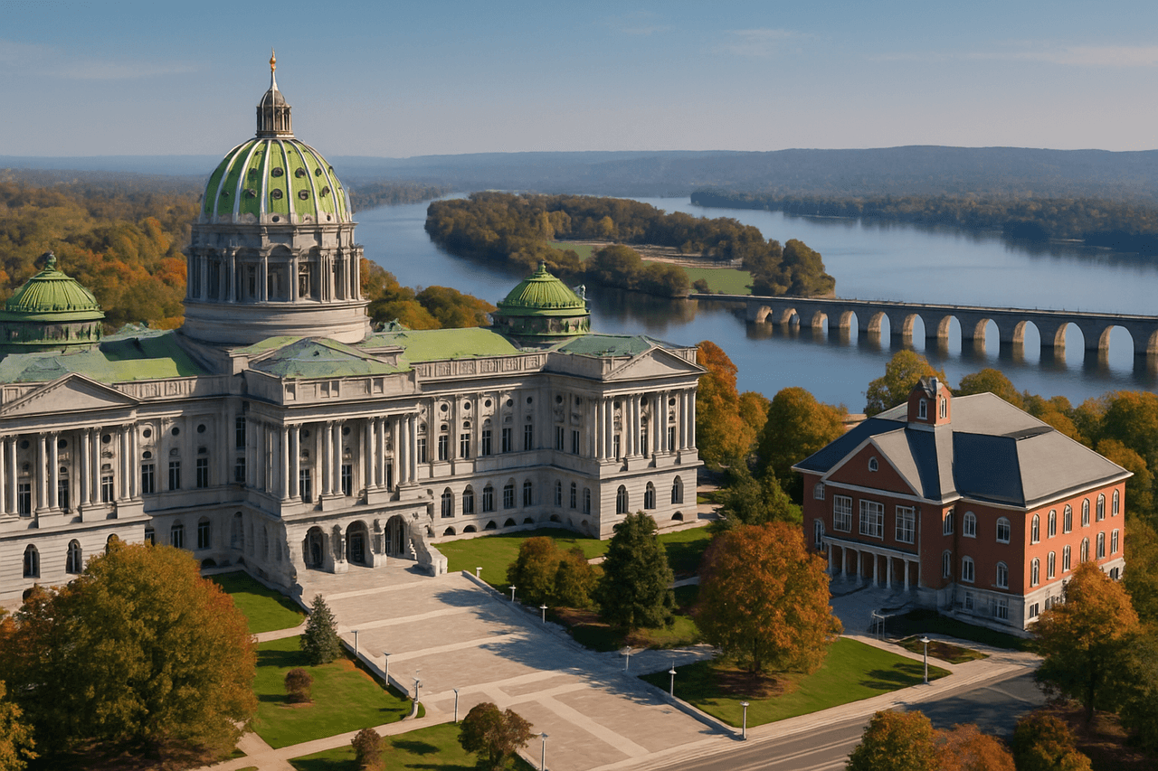 Harrisburg with the State Capitol and Susquehanna River