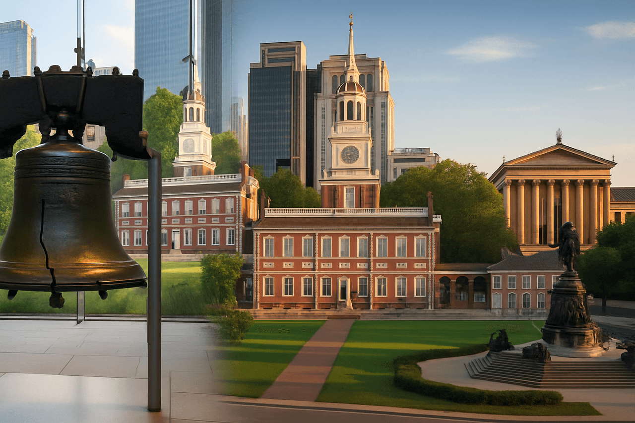 Philadelphia skyline with Liberty Bell and Independence Hall