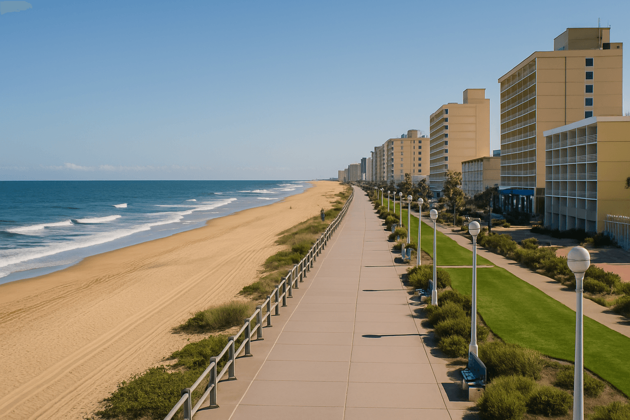 Virginia Beach oceanfront and boardwalk with Atlantic Ocean views