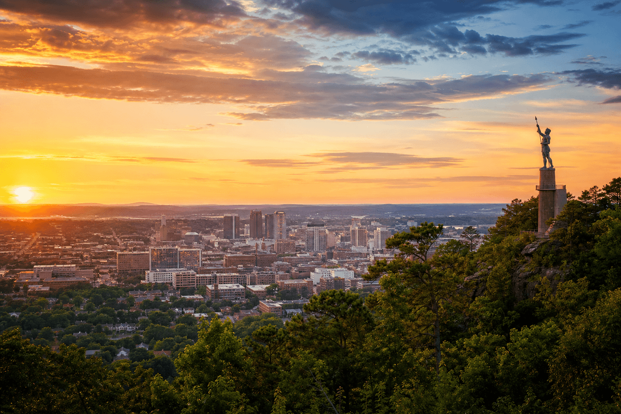Birmingham Alabama skyline at golden hour with the Vulcan statue on Red Mountain — best movers in Alabama moving guide