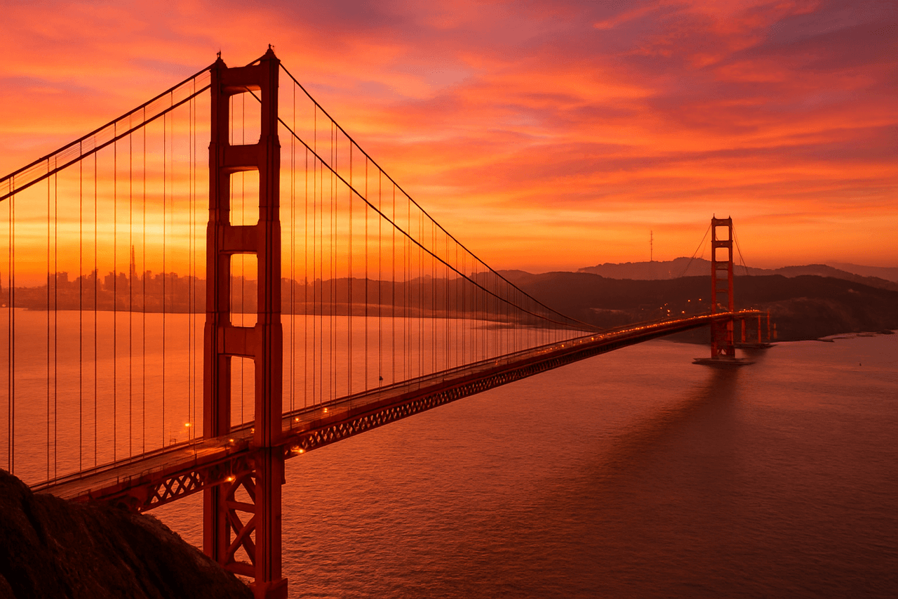 California landscape with iconic landmarks like the Golden Gate Bridge