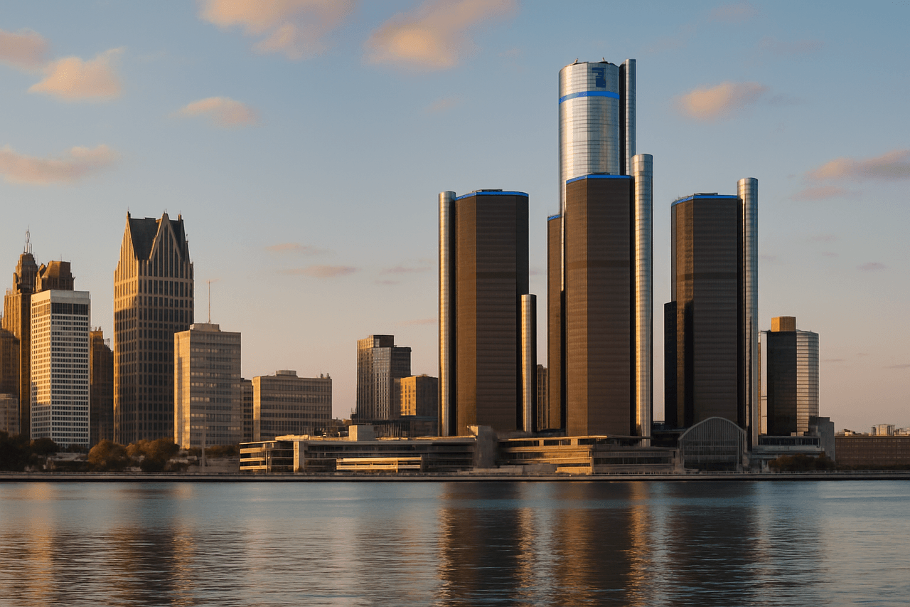 Moving truck in front of Michigan's iconic landmarks