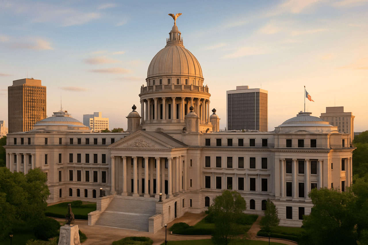 Moving truck in front of the Mississippi State Capitol