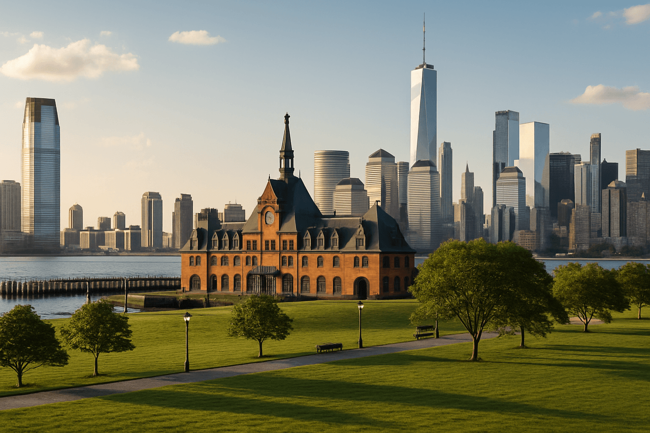 Moving truck in front of New Jersey skyline