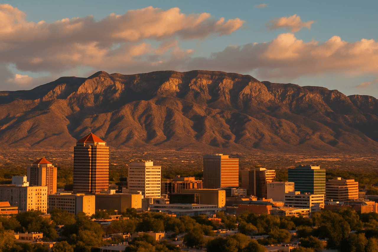 New Mexico landscape featuring Sandia Mountains and Santa Fe Plaza.