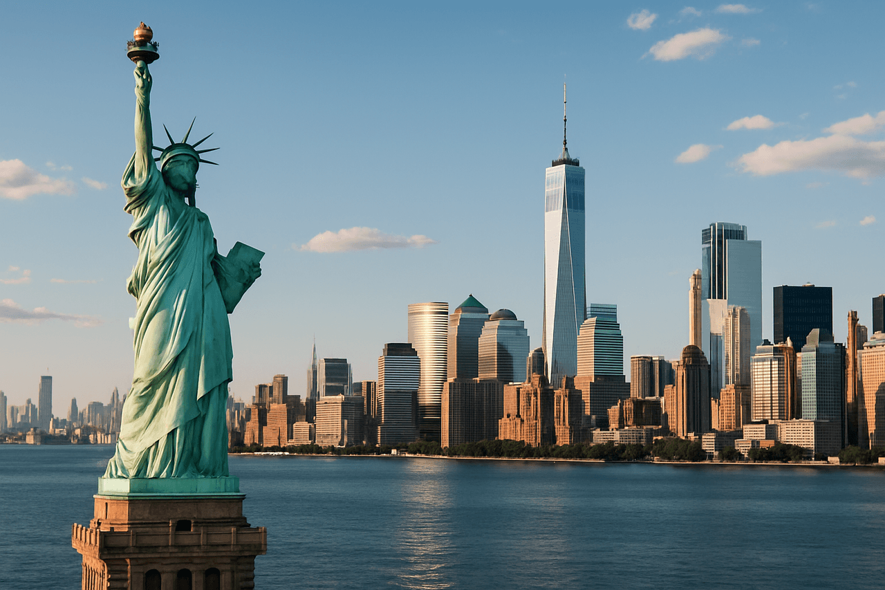New York City skyline with iconic landmarks like the Statue of Liberty and Empire State Building