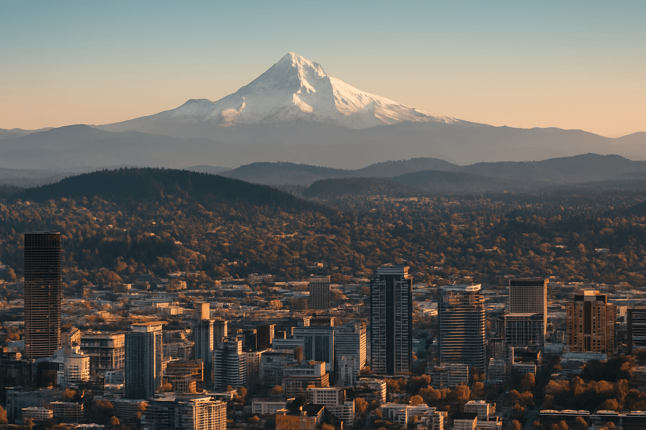 Moving truck in scenic Oregon landscape