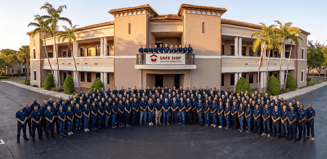 Safe Ship Moving Services team in front of company headquarters in Boca Raton, Florida