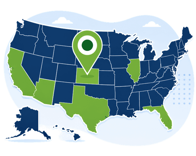 Illustration of a USA map with moving truck and location pins