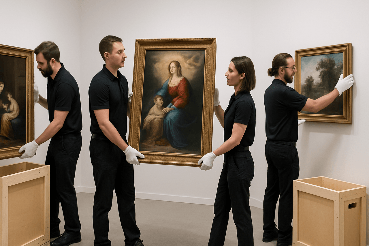 Fine art handlers moving framed artwork