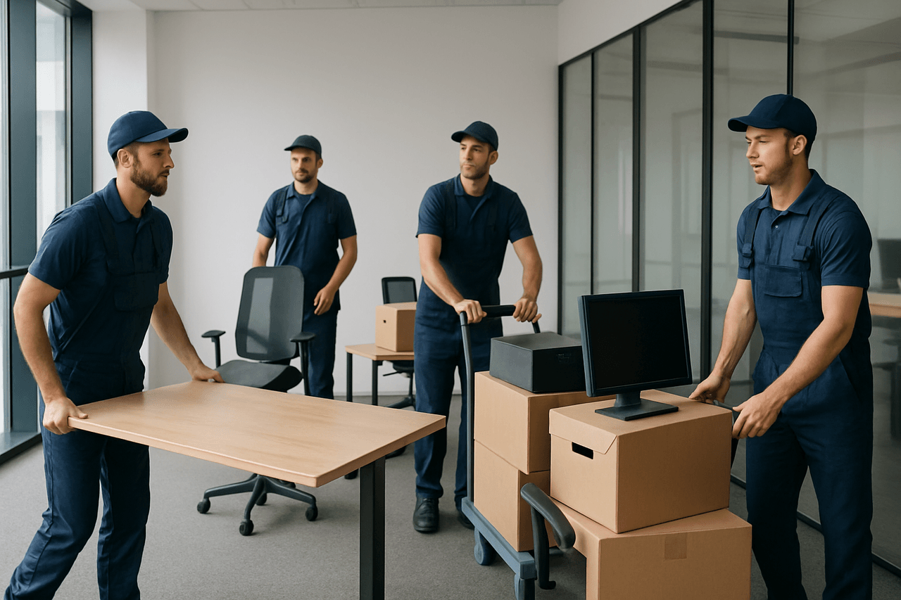 Commercial office relocation with movers and equipment