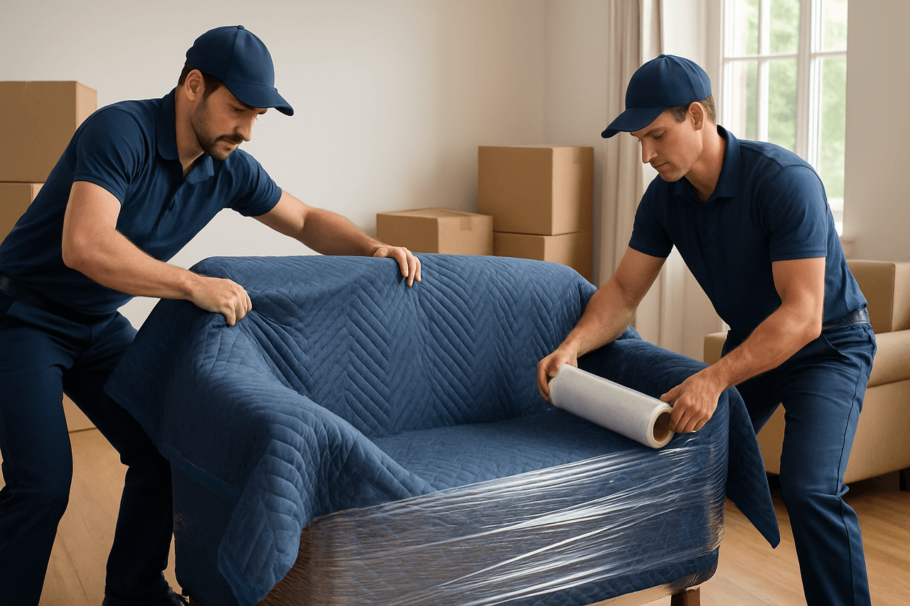Professional movers wrapping and moving furniture