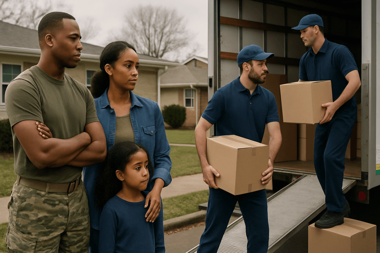 Military family relocation with moving truck