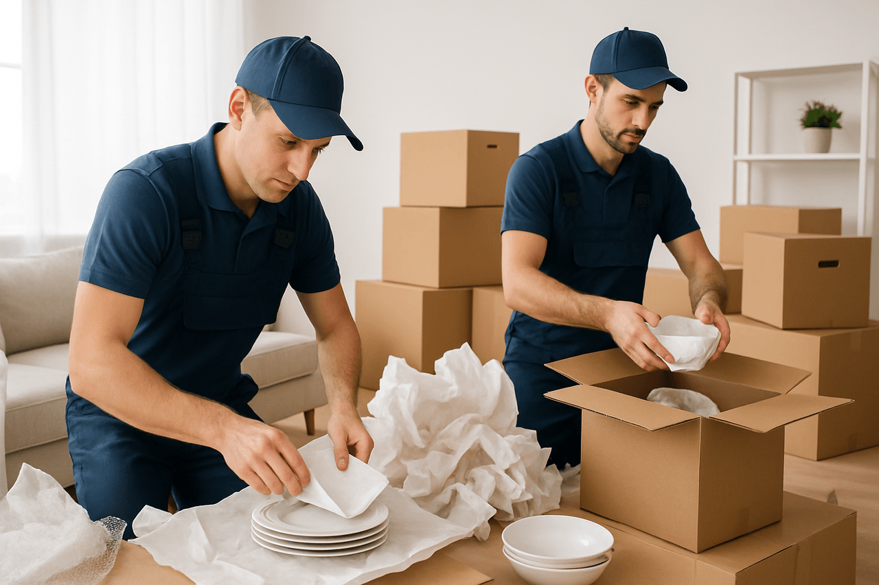 Professional movers packing boxes in a home