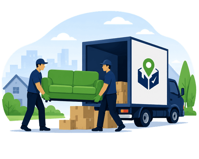 Illustration of a moving truck and packed boxes at a home