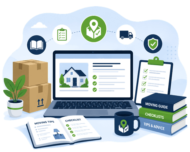 Illustration of moving guides, checklist, and packed boxes