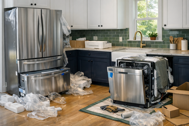New kitchen appliances being unpacked and installed in a modern kitchen setting.