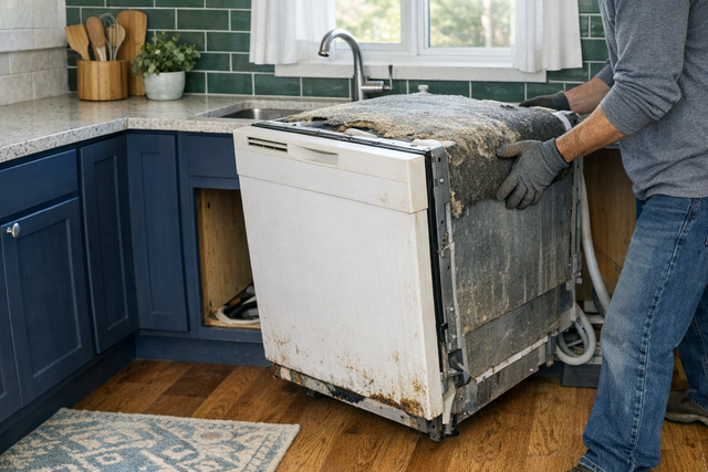 Removing an old dishwasher from a kitchen for replacement.