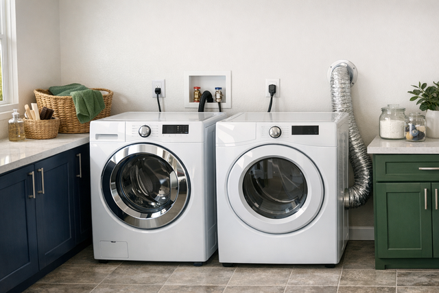 Installation of washer and dryer in a laundry room.
