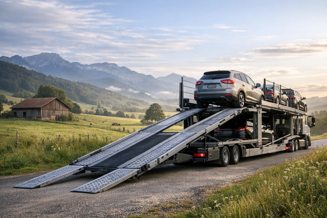 Car being loaded onto a transport truck, countryside setting