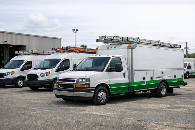 Van line trucks at a depot