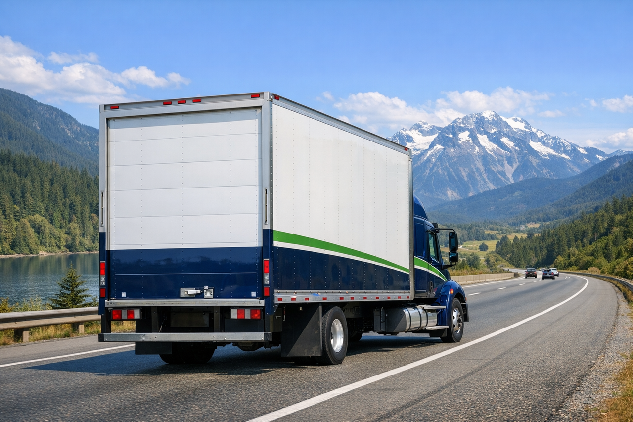 A long distance moving truck driving through a scenic landscape
