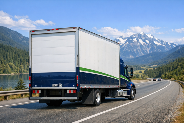 A long distance moving truck driving through a scenic landscape